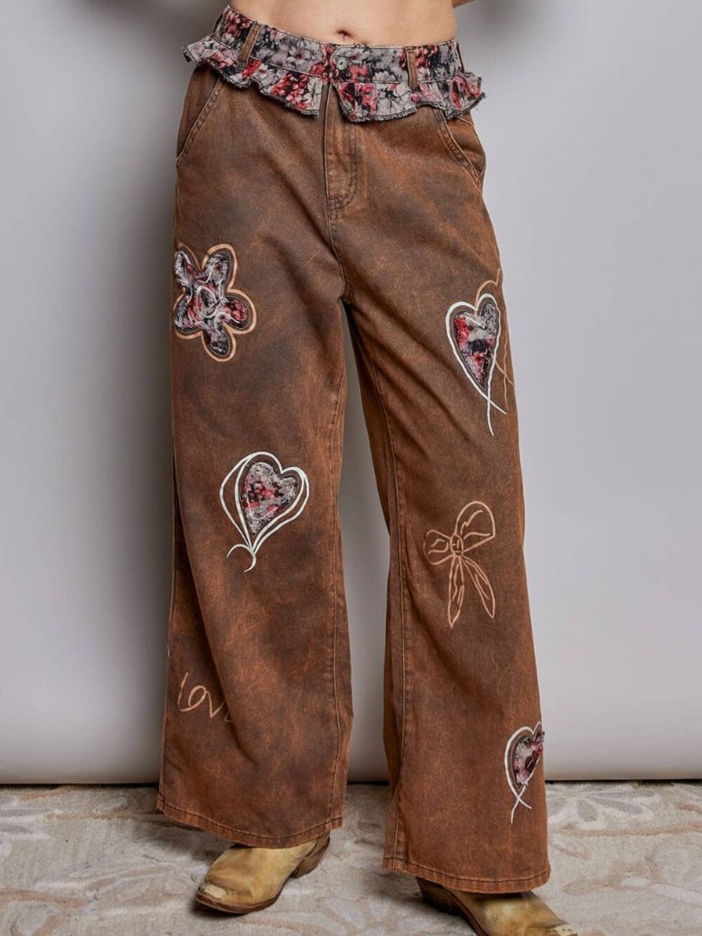 NWT POL Brown Vintage Washed Floral Heart Patch Wide Leg Pants